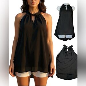 Elegant Black Halter Top‎ Women’s XL High Neck Classy Date Night Chiffon Blouse